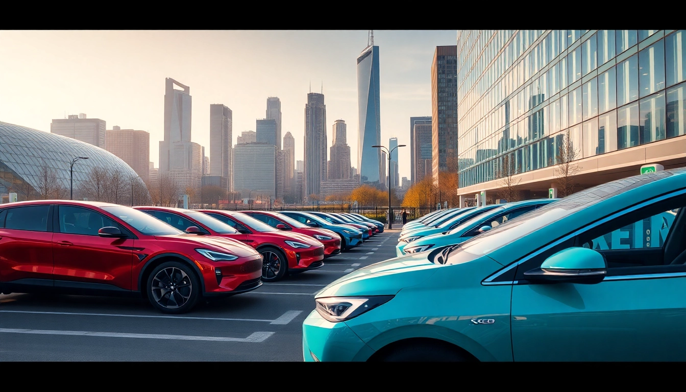 Elektroautos in einer modernen Stadt mit futuristischer Architektur und energiegeladenem Ambiente.