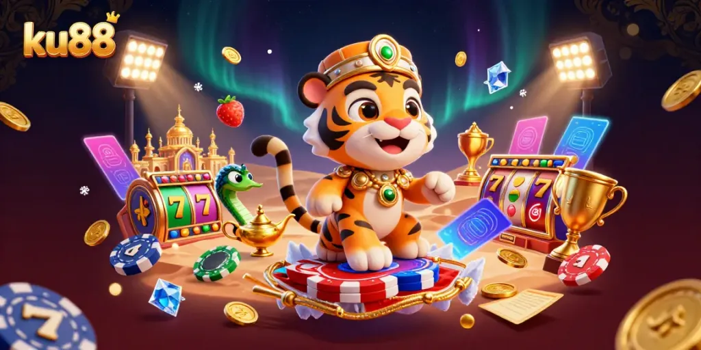 Experience the thrill of ku88 with a vibrant casino-themed scene displaying a tiger sultan, flying poker chip carpet, and rich rewards.