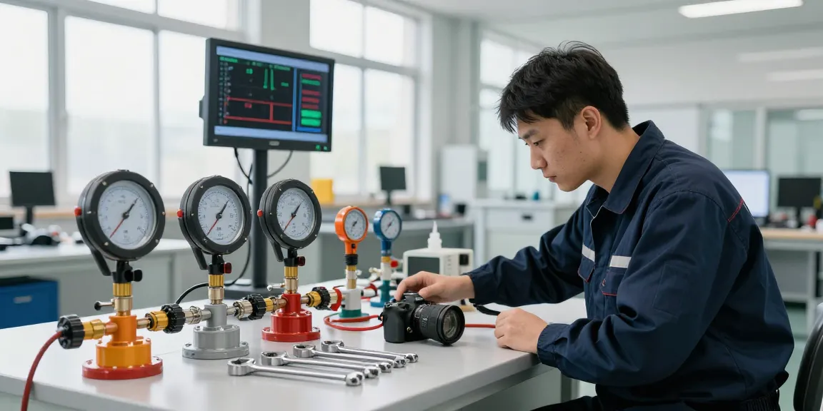 Techniker überprüft brennbares Gasdetektionsgerät in moderner Werkstatt.