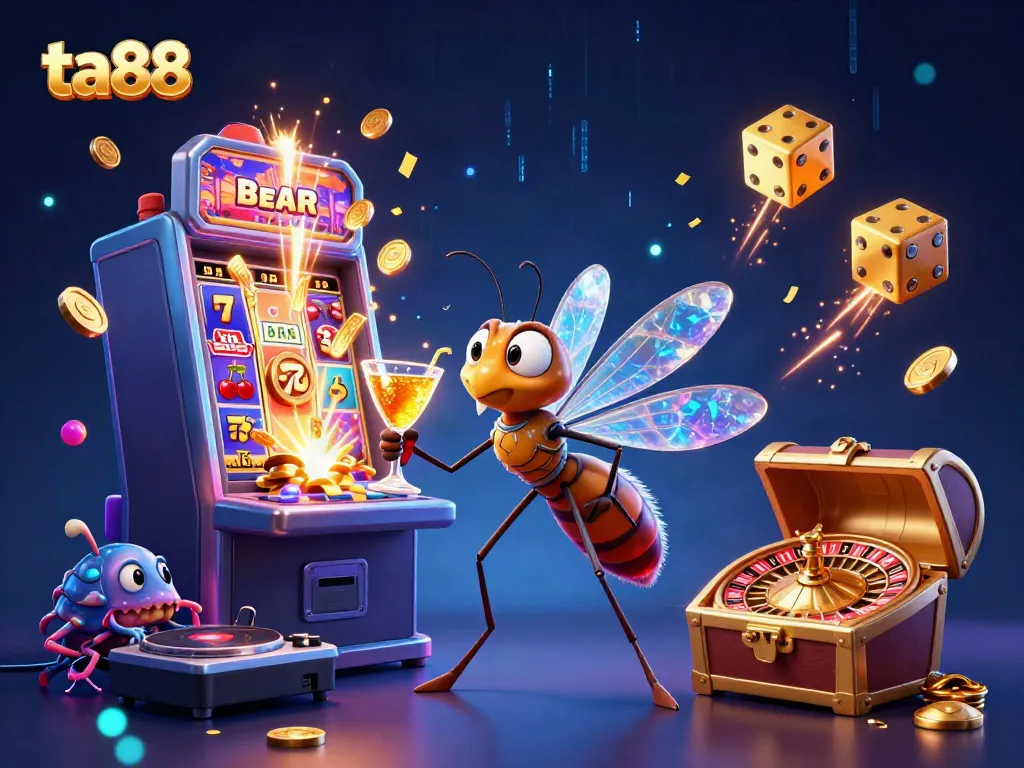 Experience excitement with ta88's vibrant 3D casino scene showcasing a unique mascot and interactive games.