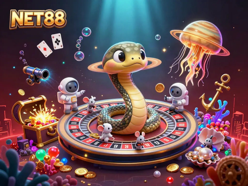 NET88 players enjoy betting excitement in a vibrant 3D cosmic casino world.