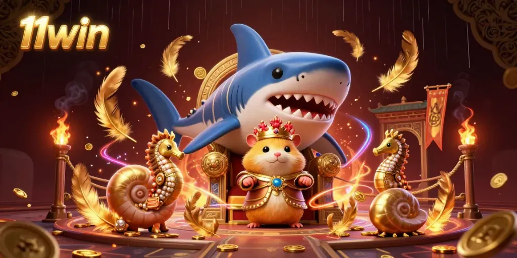 Experience thrilling gambling with 11win's exciting 3D illustration showcasing a golden hamster king amidst vibrant casino elements.