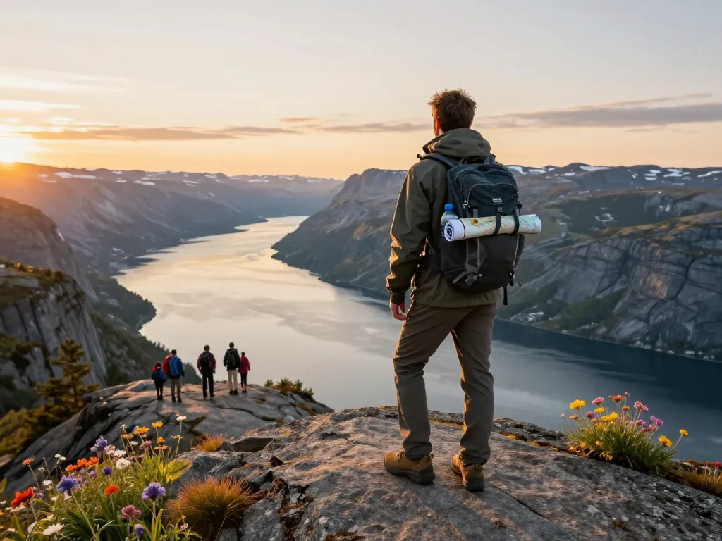 Skandinavische Reiseszene, die Skandinavien Reisetipps zeigt, mit einem Wanderer, der atemberaubende Fjorde bei Sonnenuntergang überblickt.