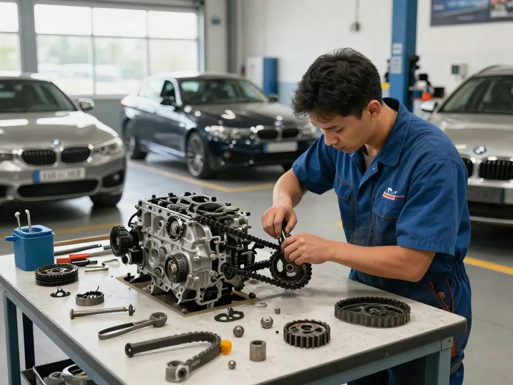 BMW Steuerkette wechseln im Werkstattumfeld mit Mechaniker an einem Fahrzeug.