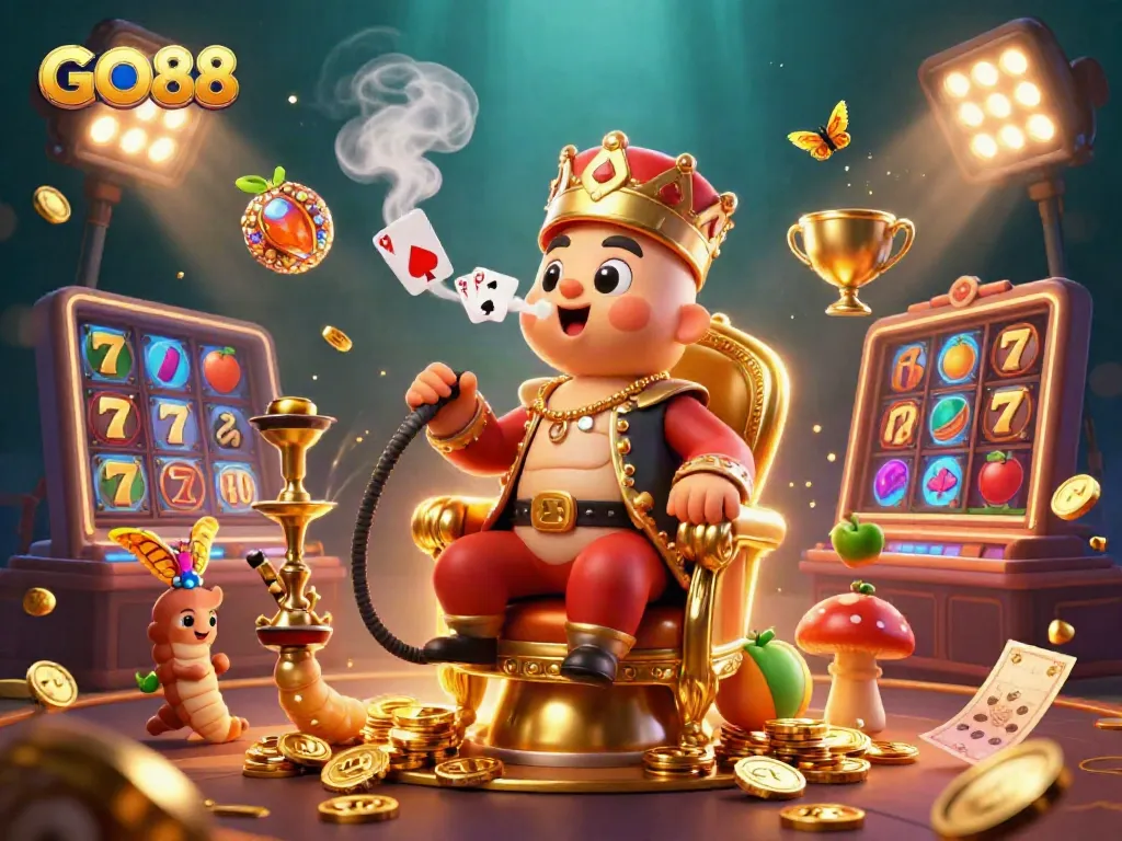 Join the gaming excitement at GO88 with this vibrant 3D illustration showcasing the whimsical caterpillar character.