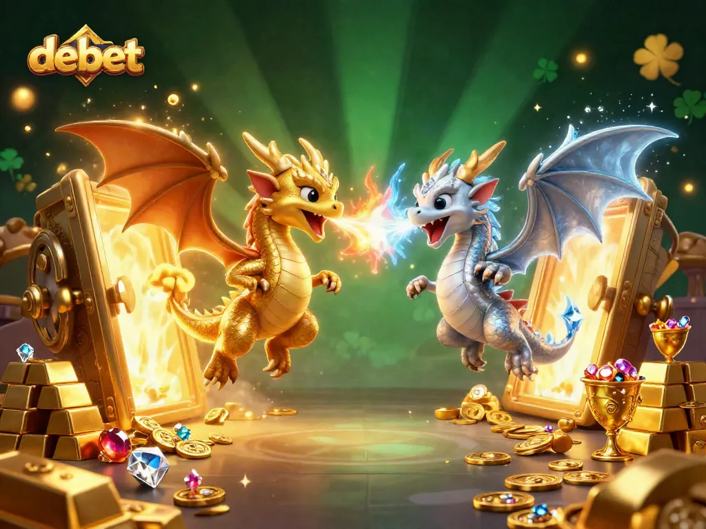 Join the thrilling adventure of debet with golden dragons and treasures in this dynamic casino illustration.