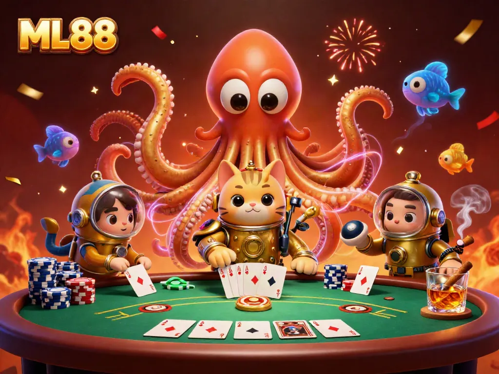 Experience the thrill of ML88 with a thrilling casino scene featuring a kraken, diving cat, and poker elements.