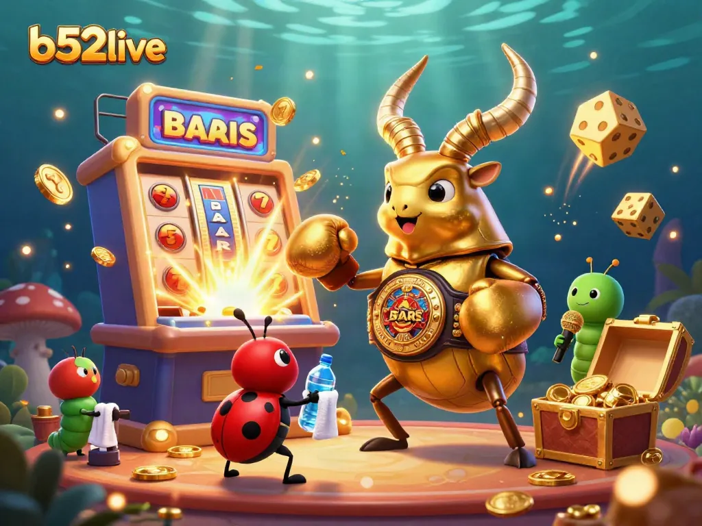Engage in excitement at b52live with a dynamic 3D casino scene featuring a golden stag beetle, ladybug, and caterpillar amidst jackpot elements.