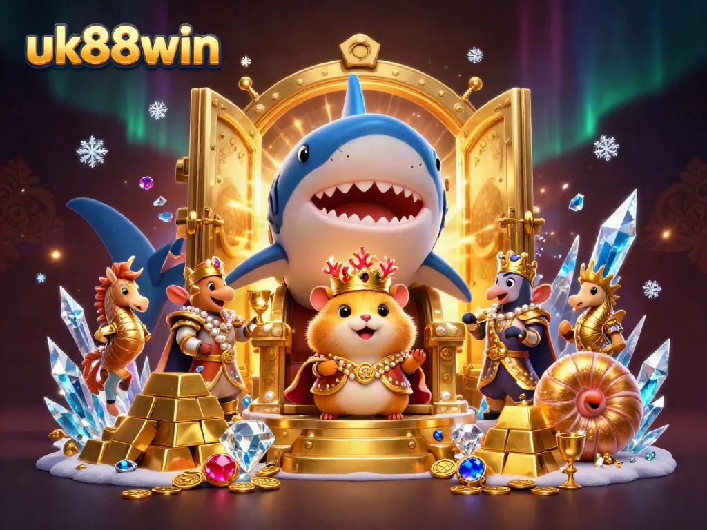 Engage with wealth at uk88win as a hamster king reigns from a golden treasure throne amidst gems.