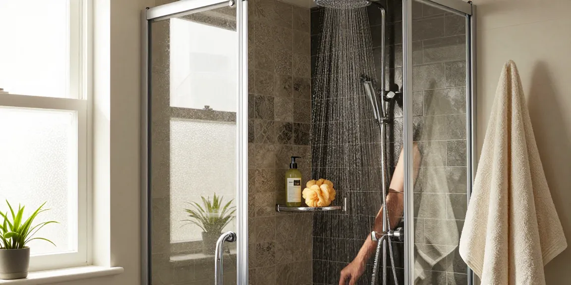 Een stijlvolle douchecabine met schuifdeur in een gezellige badkamer, die modern design en luxe toont.