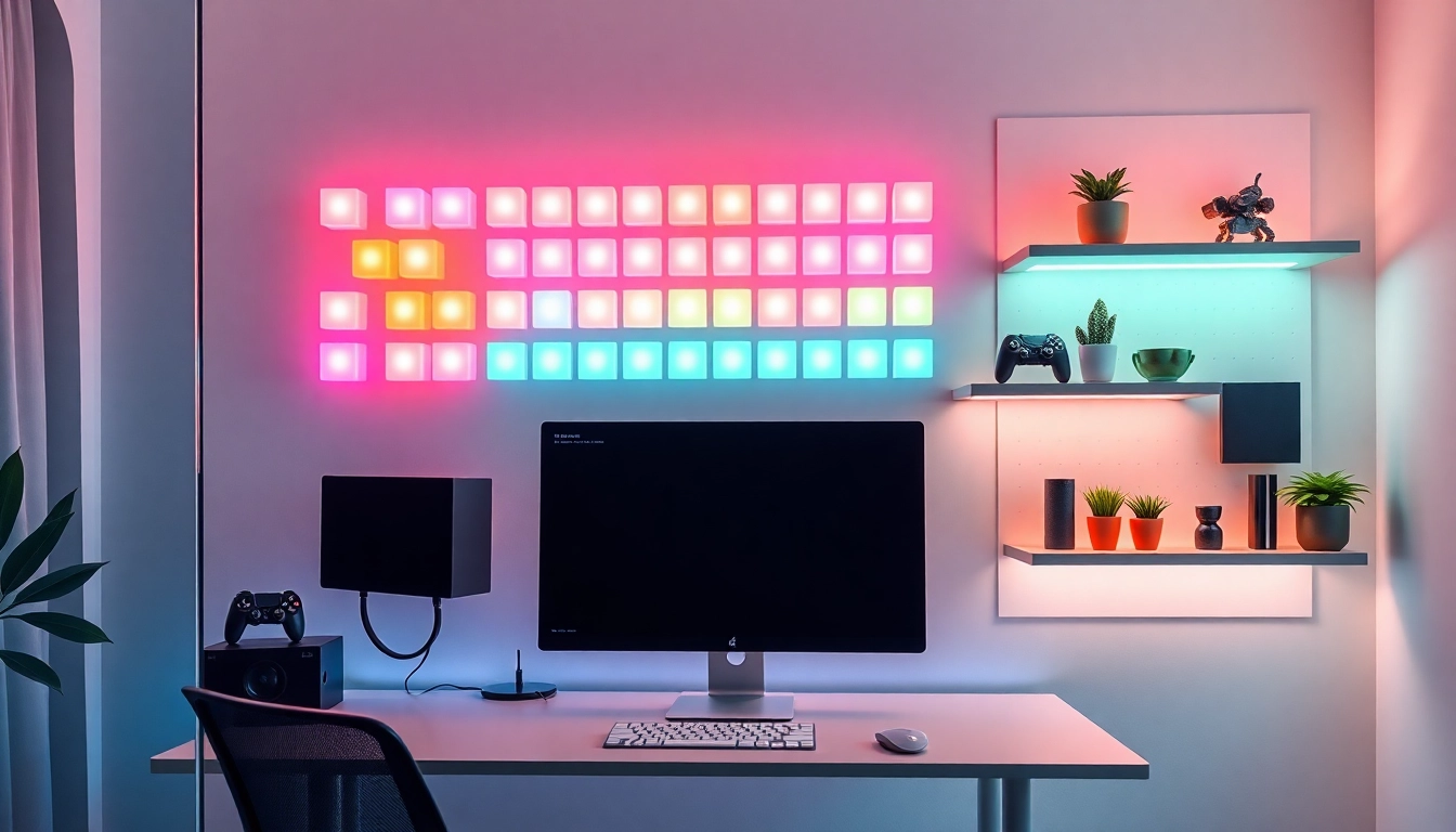 Nanoleaf Block Test showcasing RGB modular lights integrated into a modern home office setup.