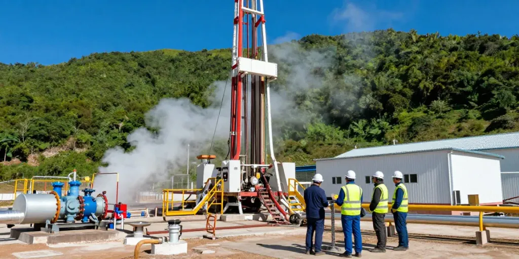Geothermie Energieinstallation mit Ingenieuren bei der Arbeit in der Natur.
