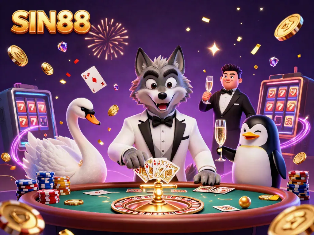 SIN88 showcases a captivating baccarat scene illuminated with vibrant colors and dynamic casino elements.