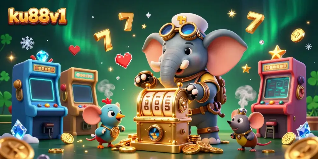 Play slots with ku88v1's interactive steampunk experience, showcasing colorful gaming elements and dynamic characters.