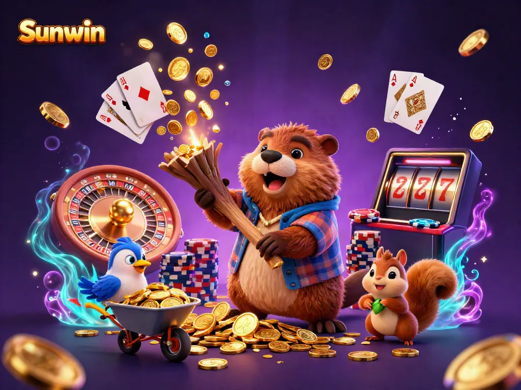 Experience thrilling gaming at Sunwin with a lively scene featuring a beaver, bird, and squirrel amid cascading gold coins.