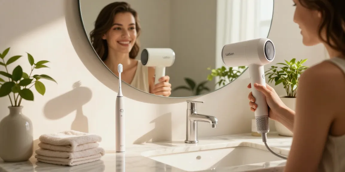 Laifen Föhn auf dem Marmortisch im modernen Badezimmer, während eine Frau ihr frisches Styling bewundert.