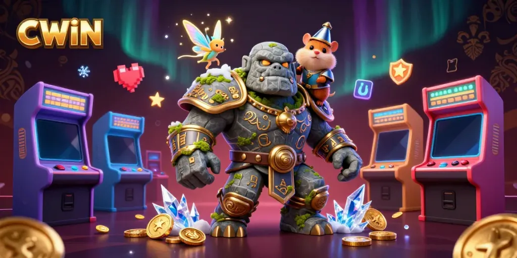 CWIN thrills players with a vibrant 3D casino scene featuring a lively golem guardian and enchanted characters.