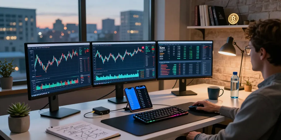 Edimakor Video Editor in einer modernen Blockchain-Arbeitsumgebung mit Krypto-Dashboards und Hardware-Wallet.