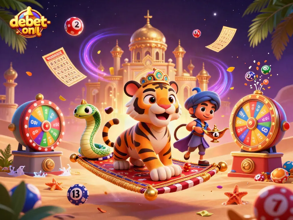 Experience thrilling gaming with debet-onl's vibrant animated scene filled with lottery balls, prizes, and excitement.