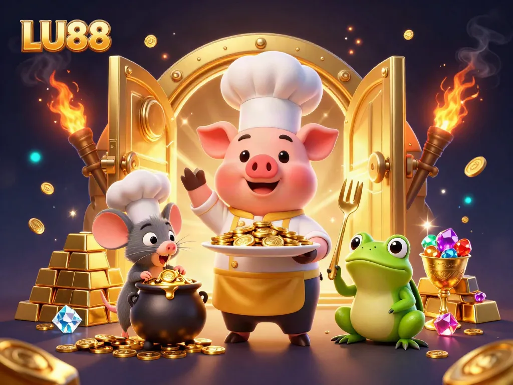 LU88 offers thrilling casino experiences with vibrant illustrations of gold coins and dynamic characters.