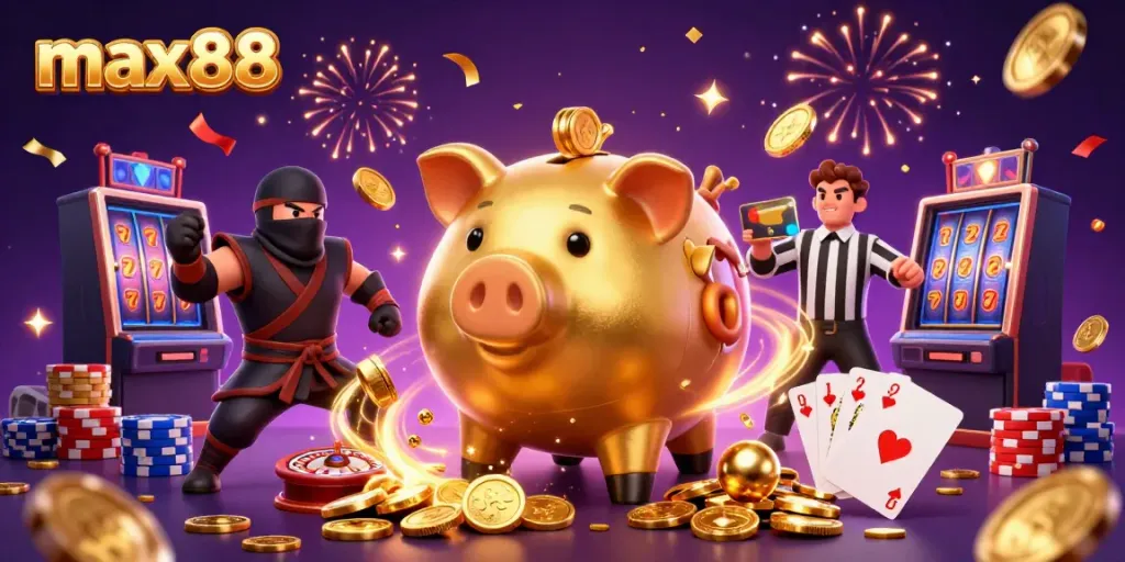 Experience the thrill of max88 with an epic casino duel featuring a golden piggy bank and dynamic game elements.