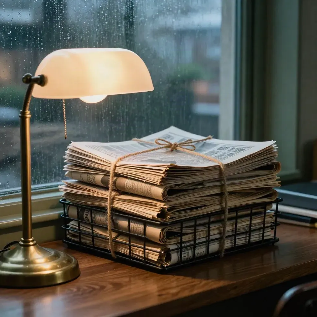 Kraftpapier-bündel mit Zeitungen, In-Trays und Messinglampe im Abend-Newsroom nach Regen.