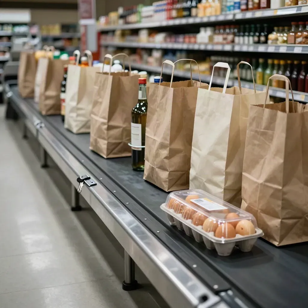 Supermarktkasse mit Papiertüten, Flaschen und Korb im harten Abendlicht