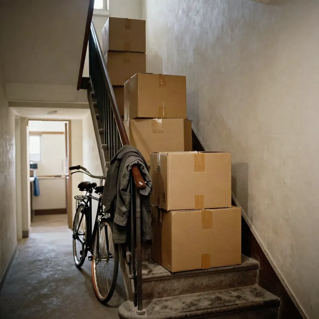 Schmaler Treppenflur mit Umzugskartons, Fahrradreifen und Mantel im warmen Abendlicht.
