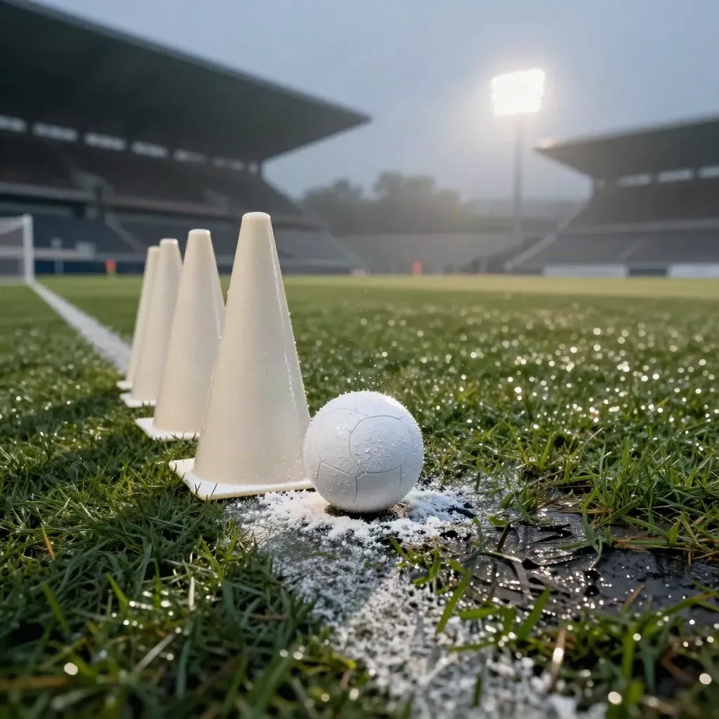 Nasser Fußball am Spielfeldrand unter Flutlicht, mit Hütchen und feuchtem Gras.