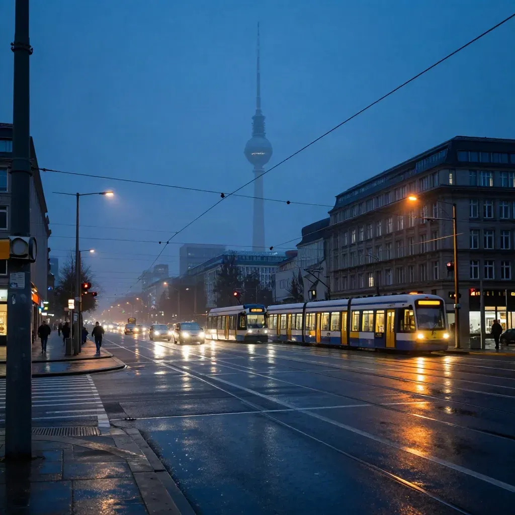 Berliner Kreuzung bei Blaustunde mit Tramdrähten, nasser Fahrbahn und Fernsehturm-Silhouette