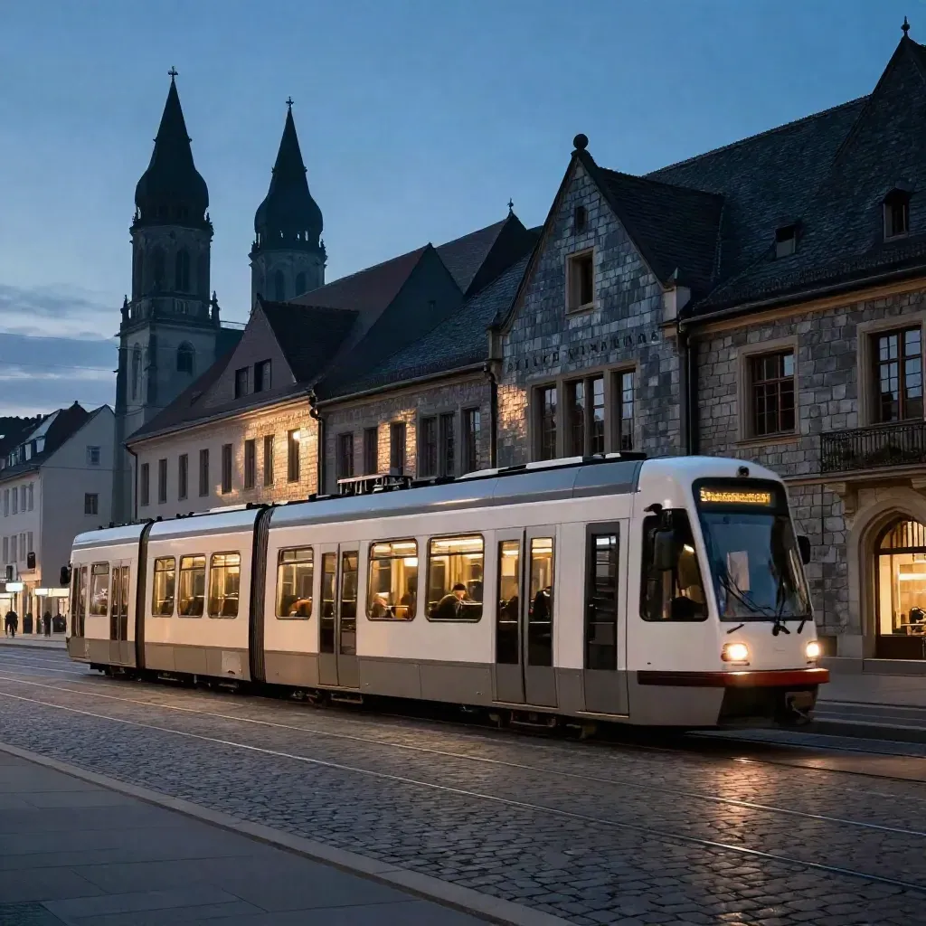 Münchner Tram bei Blauestunde vor Kirchtürmen und Dachlandschaft