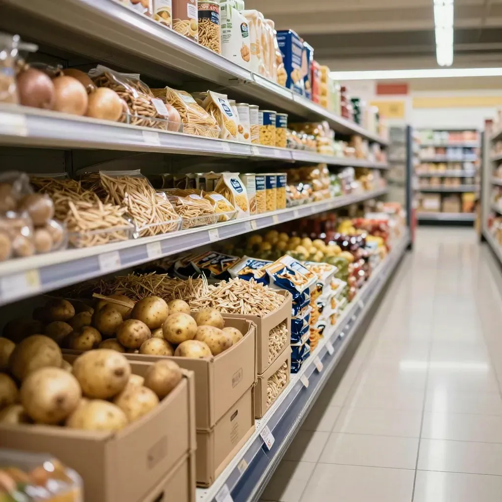 Leerer Supermarktgang mit dünnen Grundnahrungsmitteln und offener Regallücke im Abendlicht.