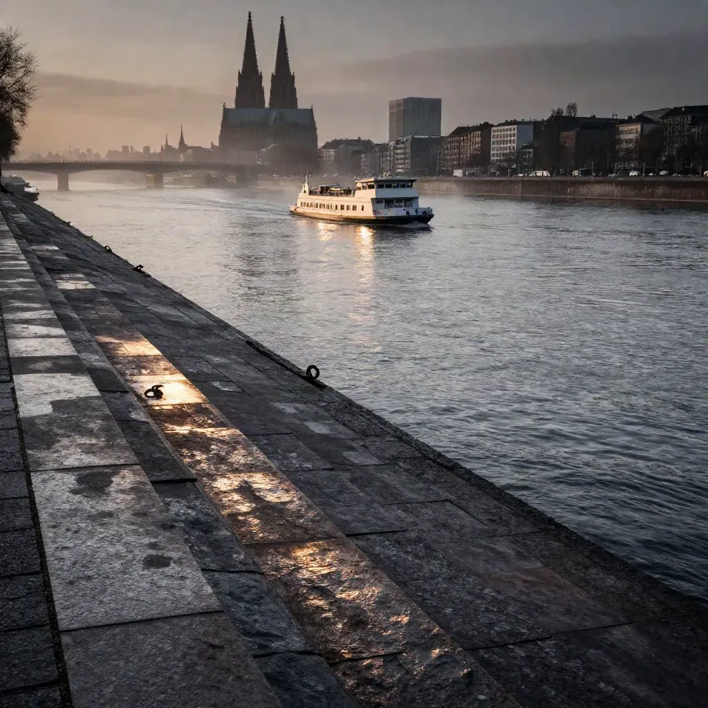 Abendstimmung am Rhein mit Fährlichterspur, Domschatten und gestuften Ufermauern.
