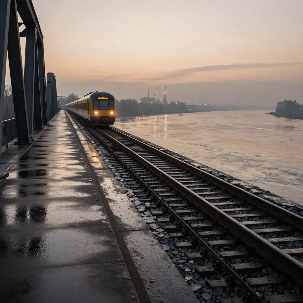 Brücke über den Rhein mit Zuglichtern, Flussreflexen und Fabriklichtern im Dunst