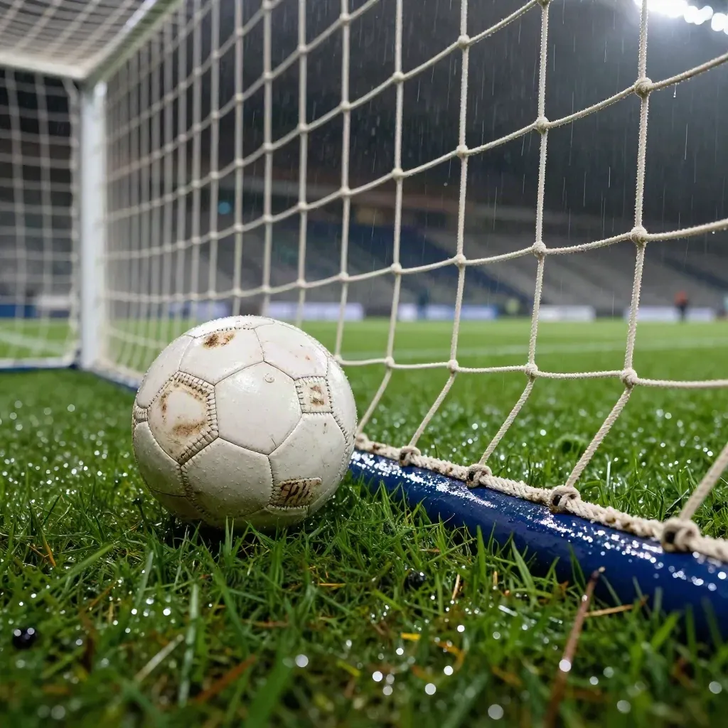Nasser Fußball am Flutlicht, Ball und Tornetz im Regen auf der Seitenlinie