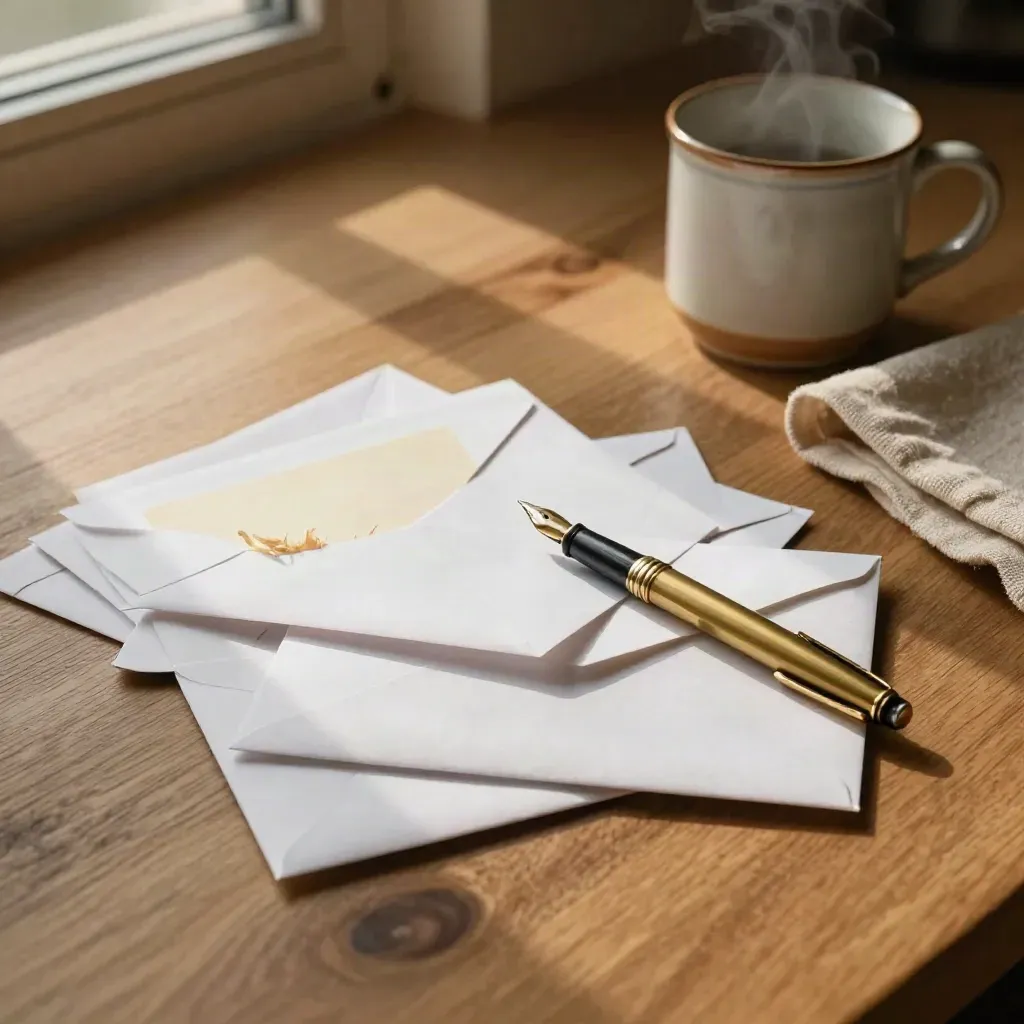 Abendlicher Küchentisch mit Briefen, Füller, Tasse und Leinentuch im warmen Licht.