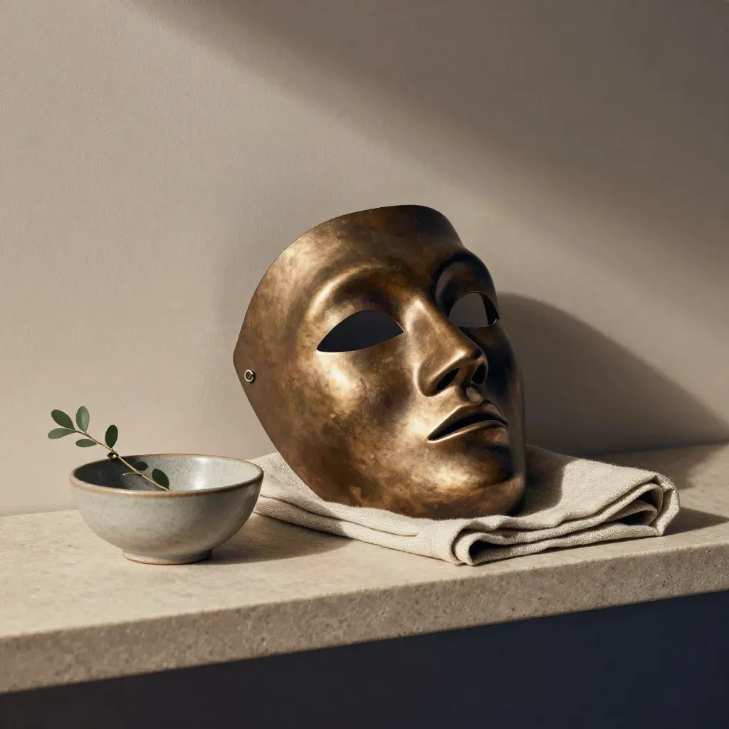 Bronzemaske, Leinen, Schale und Grün auf steinerner Ablage im sanften Seitenlicht.