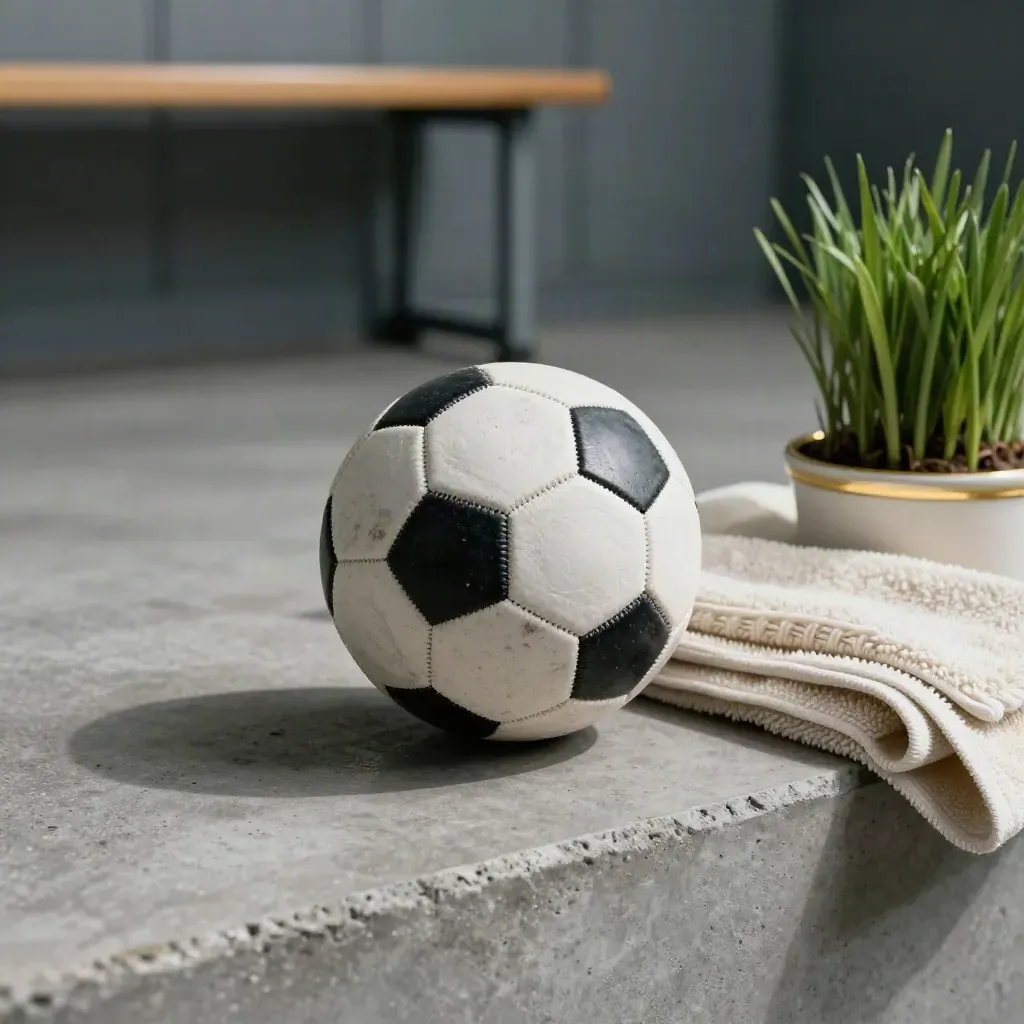 Abgenutzter Matchball, gefaltetes Handtuch und Gras in Keramikschale auf Beton.