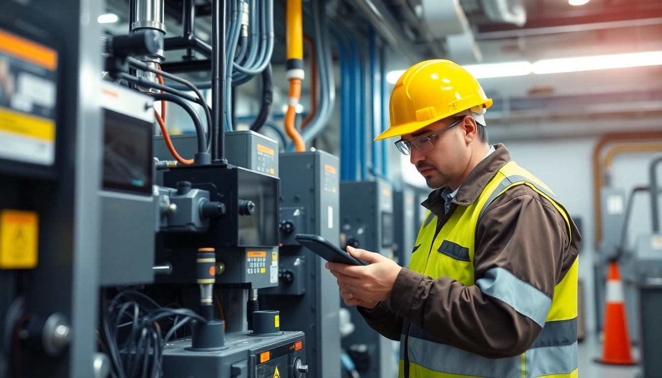 Technician performing a DGUV V3 Prüfung on electrical equipment with safety measures in a professional setting.