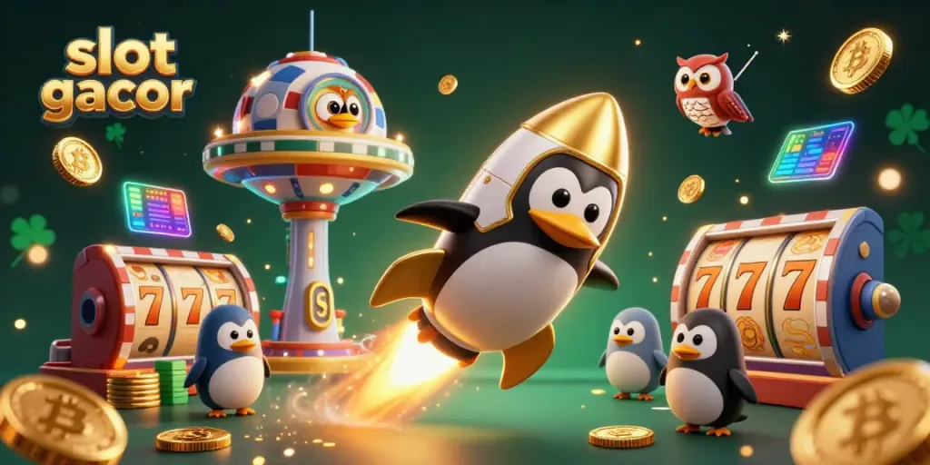 Experience thrilling slot gacor action with a golden penguin soaring towards a casino space station.