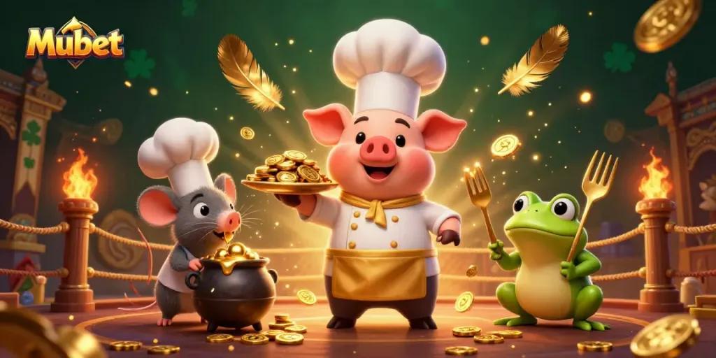 Mubet features a chef pig serving gold coins alongside a mouse and frog in a vibrant casino scene.