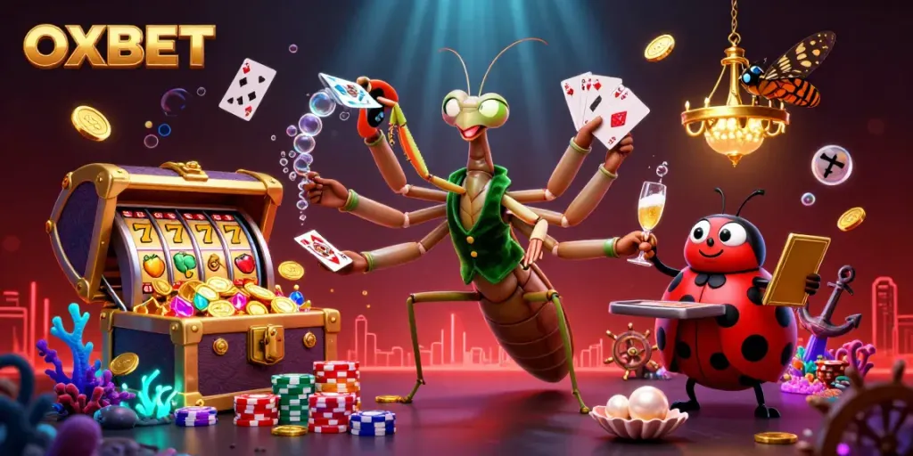 Experience winning strategies at OXBET with dynamic slots and vibrant gaming elements illustrated in a vivid scene.