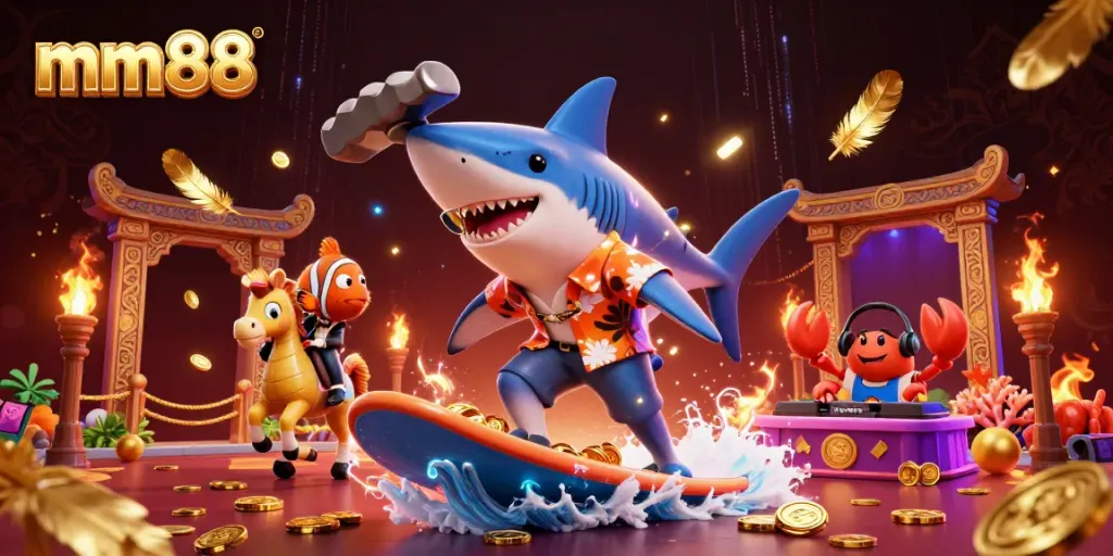 Engage in thrilling casino adventures with mm88 through a vibrant underwater scene featuring lively characters.