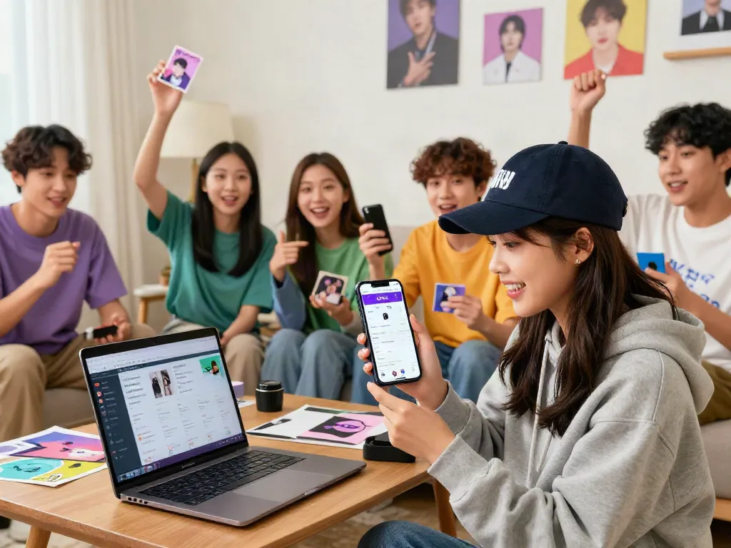 Young fan exploring ROKOK88 BTS merch on smartphone amidst vibrant collectibles.