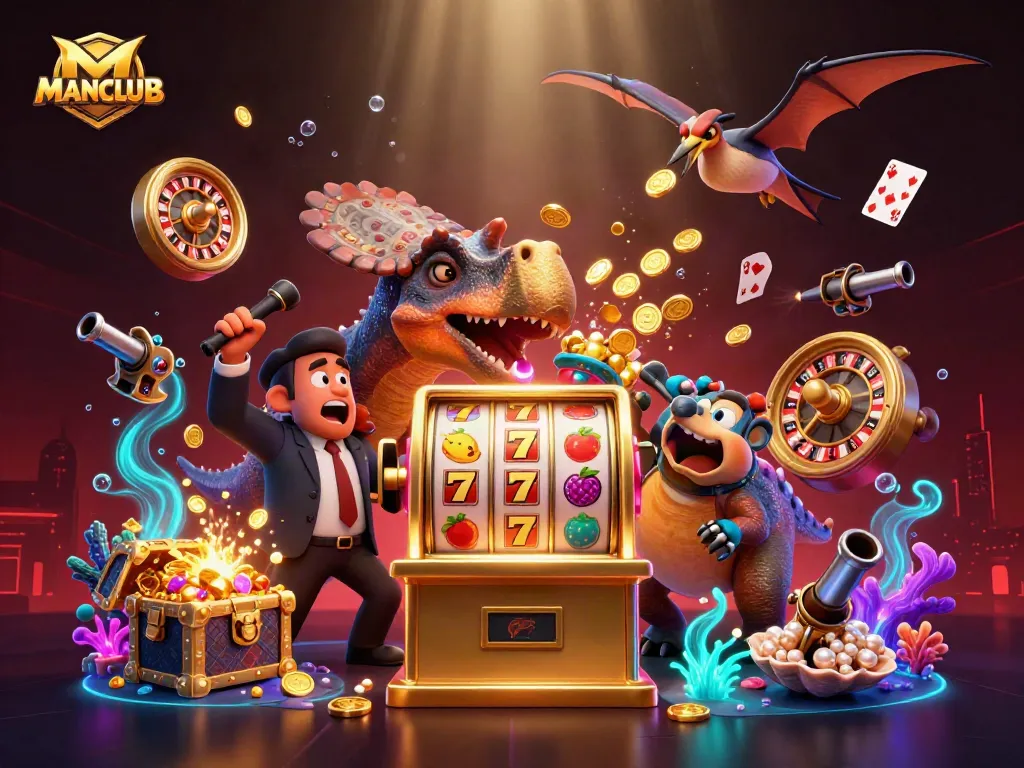 MANCLUB casino illustration showing a dinosaur winning the jackpot, with vibrant games and treasures