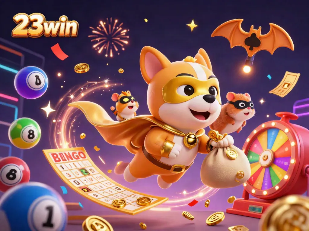 Experience thrilling games at 23win, featuring a dynamic illustration of a superhero dog amidst colorful casino elements.