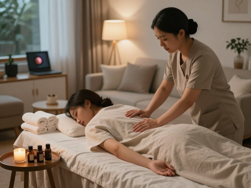 출장안마 service in a luxurious home setting with soft lighting and essential oils.
