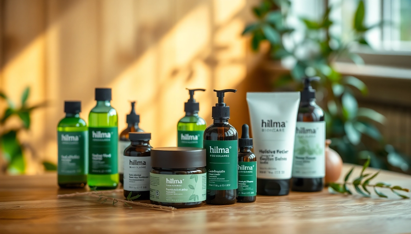 Hilma biocare Produkte auf einem Holztisch arrangiert, die ein gesundes Lebensstil vermitteln.
