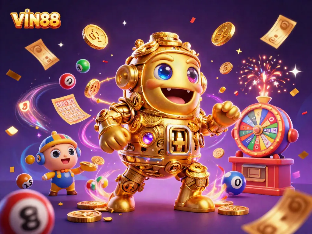 Experience the excitement of VIN88 with vibrant lottery balls and a golden golem.