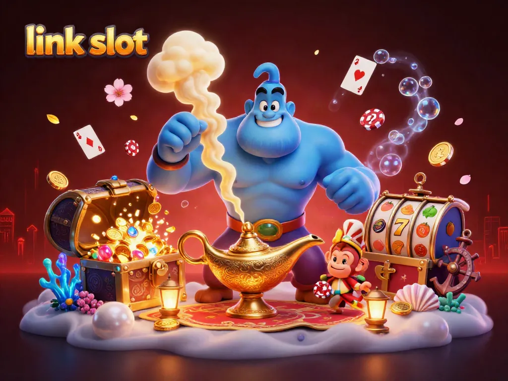 Experience thrilling adventures with link slot, featuring a blue genie and magical elements in a vibrant casino scene.